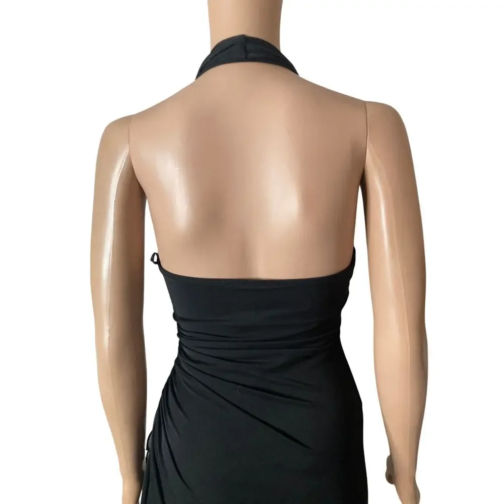 Vintage Black Halter Maxi Dress Womens Small Rhinestone Open Back Formal Gown